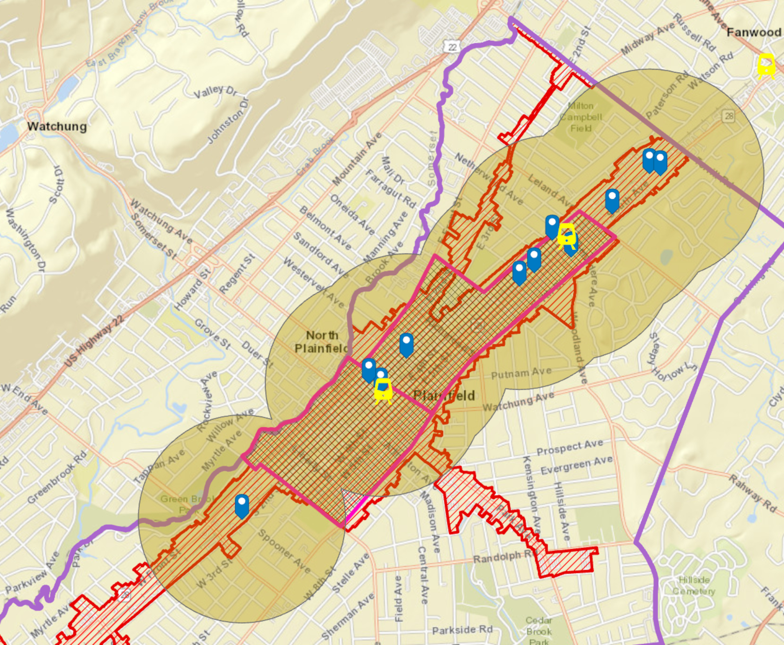 10 minute walk times from study properties
				   map